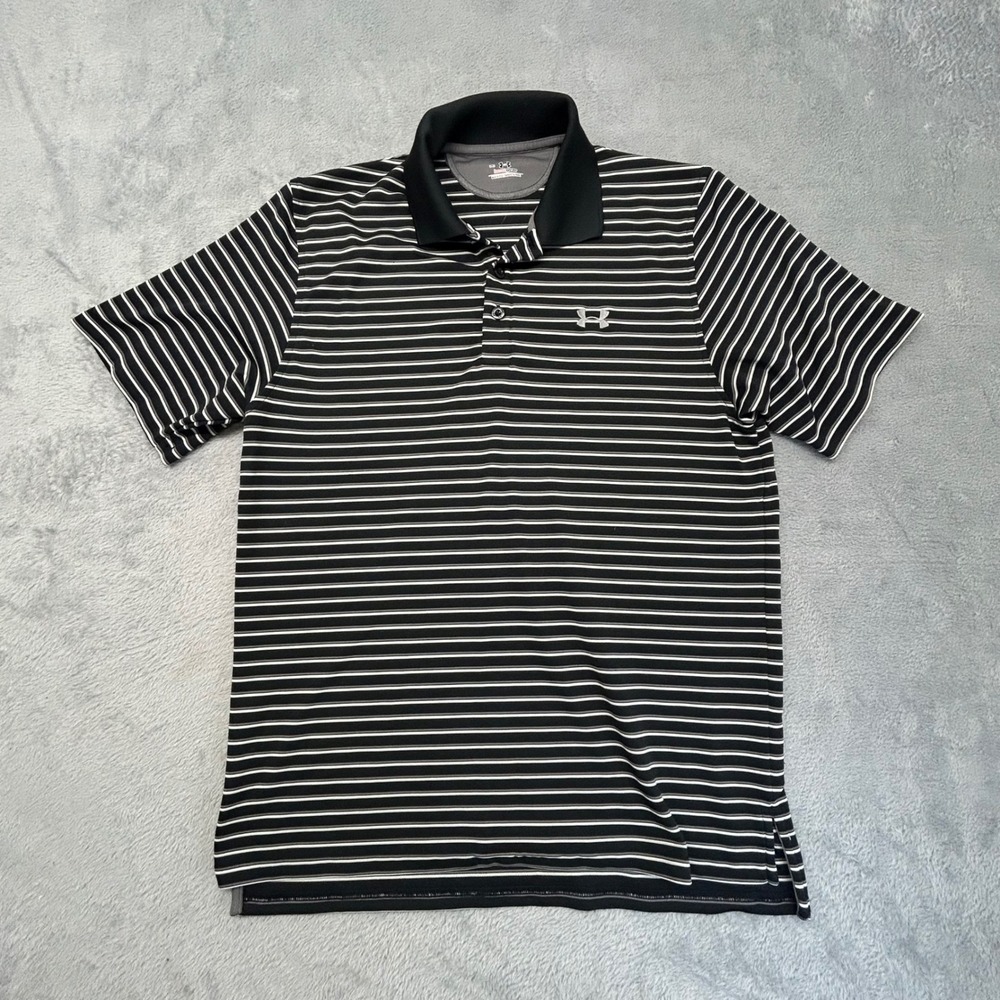 Under Armour HeatGear Mens Medium Polo Shirt Striped Black White Short Sleeve